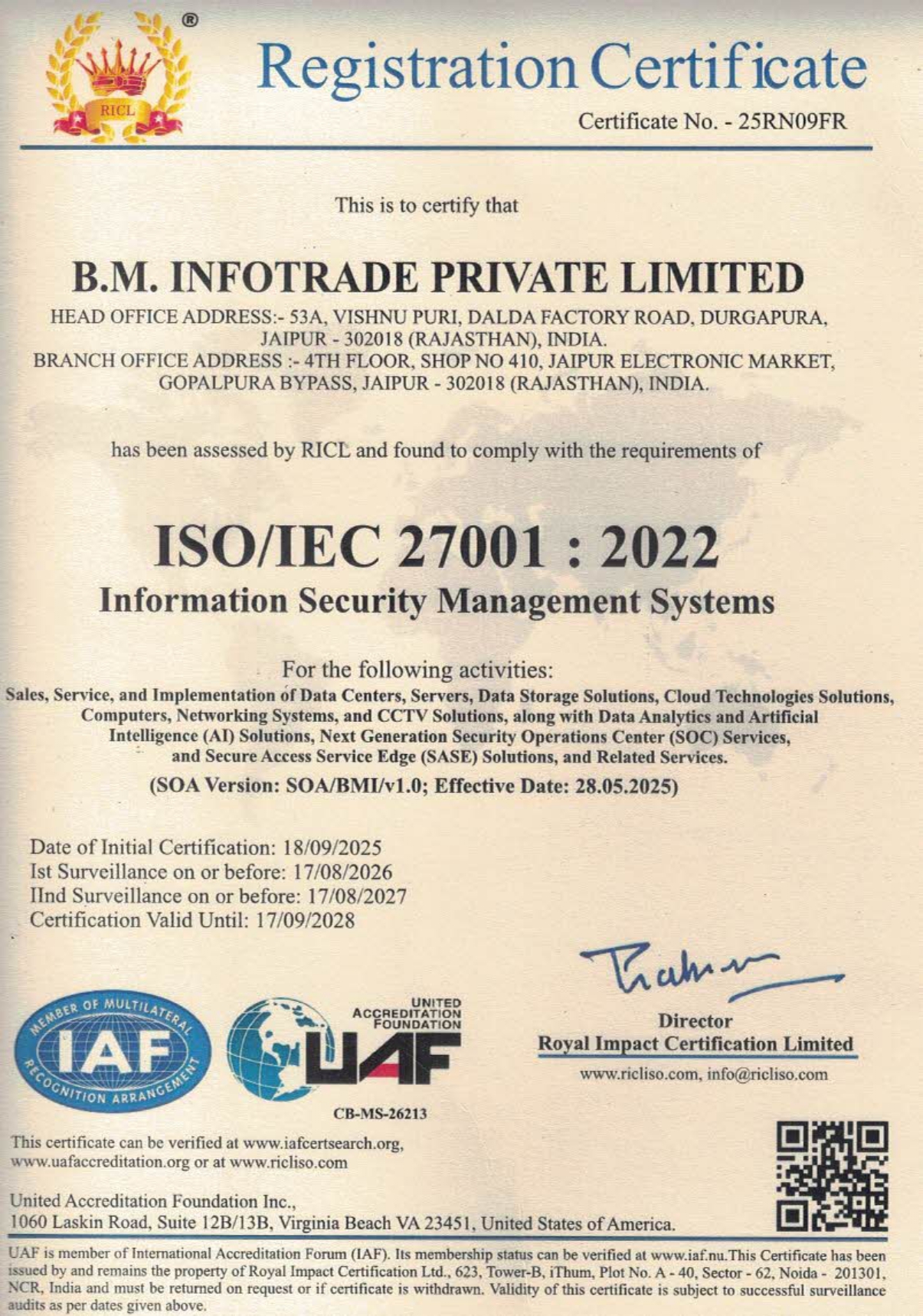 ISO Registration certificate 2025 to 2028